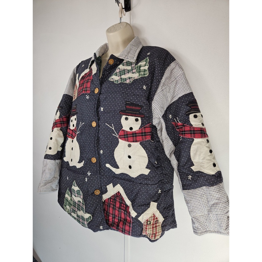 Vintage Patch Magic SZ S Handmade Quilted Reversible Jacket Snowman Houses Artsy - Picture 3 of 10